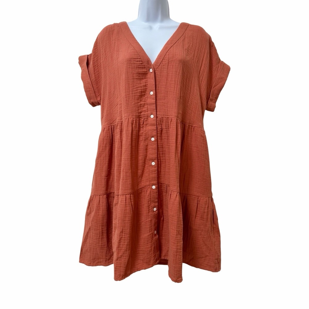 Madewell Lightspun Cuff Sleeve Button Up Tiered Mini Dress Size M‎ Orange Summer